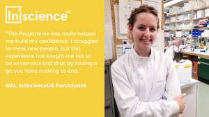 Smiling female student in a white coat in a pharmaceutical lab, with a quote about how the In2scienceUK programme helped build her confidence and encouraged her to "have a go".