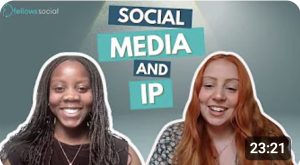 A social media tile advertising a video, entitled "Social Media and IP" and featuring photos of the video participants: a Black woman and a white woman side by side.