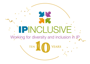 The IP Inclusive 10th anniversary logo, with the words "IP Inclusive Working for diversity and inclusion in IP Ten Years" inside a gold circle with streamers around