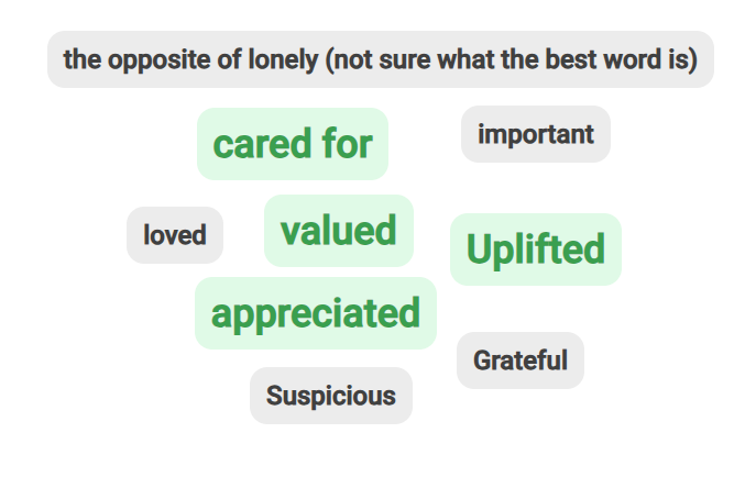 A screen shot of responses to a Slido poll including the answers cared for, valued, appreciated and uplifted