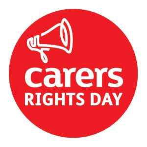A logo: a red circle with a white loudspeaker icon on it and the words Carers Rights Day