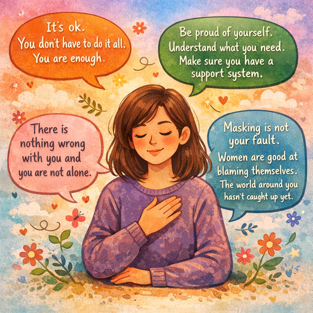 A drawing of a peaceful looking woman surrounded by flowers and speech bubbles. The speech bubbles read "It's ok. You don't have to do it all. You are enough." "Be proud of yourself. Understand what you need. Make sure you have a support system." "There is nothing wrong with you and you are not alone." "Masking is not your fault. Women are good at blaming themselves. The world around you hasn't caught up yet."